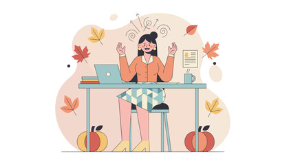 Energetic office worker managing autumn deadlines and projects Seasonal business concept illustration