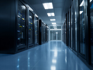 Modern server room data center showcases rows of sleek technology and powerful computing infrastructure for cloud solutions and digital innovation
