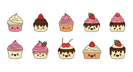 Colorful cupcakes collection illustrated on white background for design