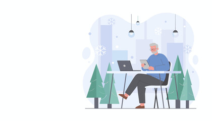 Elderly man using tablet and laptop in cozy winter cafe setting Remote work and connectivity