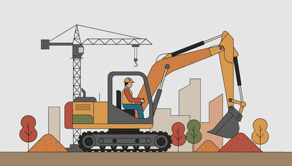 Flat vector illustration of an excavator operator and crane on a city construction site