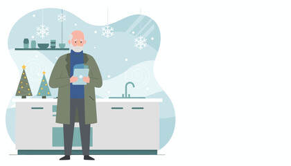 Worried senior man using a digital tablet in a cozy winter kitchen decorated for Christmas