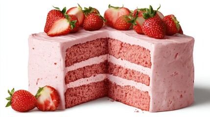 A sliced pink cake topped with fresh strawberries