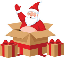 Santa claus character illustration smiling and waving hand sitting inside a large cardboard box with ribbon bow gift boxes on a white background, merry Christmas and happy new year holiday concept.