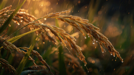 Golden Rice Grains in the Rain: Glistening rice grains, laden with droplets, sway gently in the rain, illuminated by the soft sunlight. this macro shot captures the serenity and abundance of nature