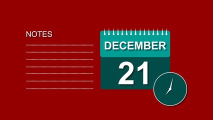December 21 Calendar cyan color 4k illustration, with Free for Notes and Writing element. Red background 4k illustration.