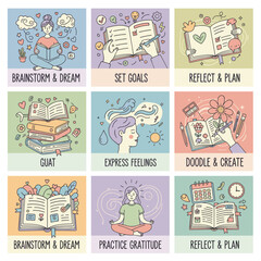Cartoon illustrations of journaling for mental health planning creativity reflection and selfimprovement