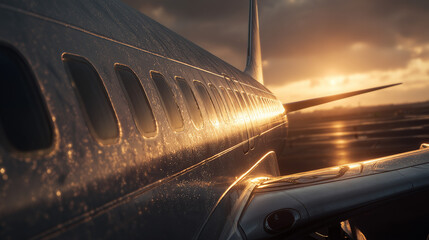 Close up view of airplane wing and fuselage showing modern aircraft design, metal surface details, and aviation engineering, ideal for travel, transportation, and aerospace concepts.