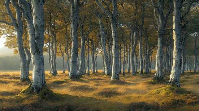 Sunlight filters through a birch forest