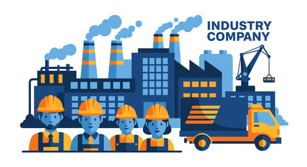 Team of factory workers standing in front of an industrial plant logistics truck and crane