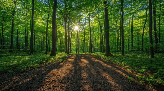 Sunlight streams through a dense forest