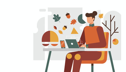 Remote worker planning seasonal marketing strategy using laptop amidst colorful autumn leaves
