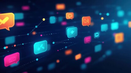 Colorful chat bubbles and user icons create a dynamic interaction on a dark blue background, Chat bubbles and user icons over dark blue background - Powered by Adobe