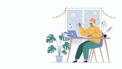 Overwhelmed remote worker feeling stress and dizzy confusion during a snowy deadline push