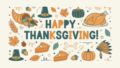 Happy Thanksgiving greeting illustration featuring turkey cornucopia pumpkin pie and autumn harvest symbols