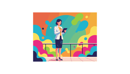 Professional woman taking notes on a terrace Modern business concept with vibrant abstract background