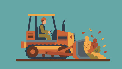 Bulldozer operator clearing autumn leaves Heavy machinery and fall cleanup vector illustration