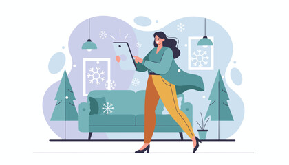 Happy woman using a tablet in a stylish winter living room Online shopping communication or seasonal app
