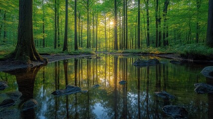 Sunlit forest reflecting in calm pool