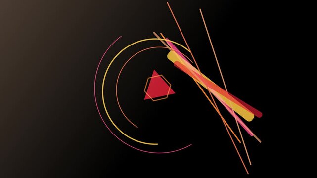 Abstract geometric design featuring vibrant lines, circles, and a red hexagon against a dark backdrop, creating a modern and dynamic composition