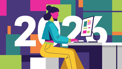 Professional woman working on desktop with 2026 graphic Future deadlines planning and technology