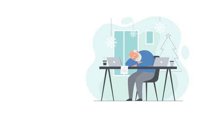 Elderly man asleep at his desk overwhelmed by work during the winter holidays