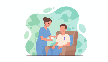 Caring nurse assists patient with purple ribbon symbolizing support and recovery from illness