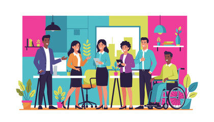 Diverse business team collaborating in a colorful modern office Inclusion and professional teamwork