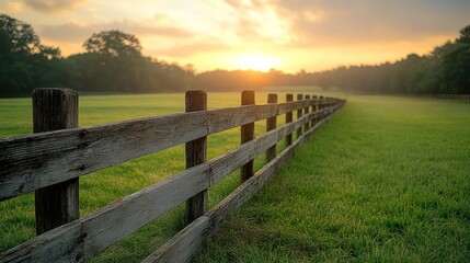 Fototapeta premium Sunrise over a grassy field with wooden fence