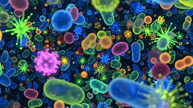 Microscopic world of colorful bacteria and microbes