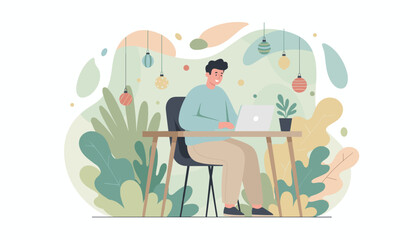 Happy man works remotely on a laptop surrounded by lush plants and abstract shapes