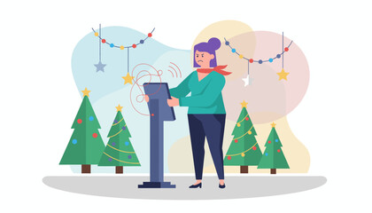 Frustrated woman struggling with a digital kiosk error during the Christmas holidays