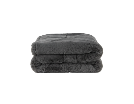  A luxurious gray faux fur blanket folded neatly in a soft, rectangular stack, highlighting the plush texture and silky fur sheen, clean and centered, isolated on a transparent background.