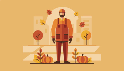 Fall maintenance worker illustration in an urban park surrounded by pumpkins and leaves