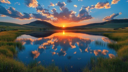 Sunset over a tranquil lake, clouds reflected
