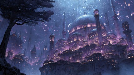 Majestic fantasy city glowing with violet lights under a star-filled sky with misty atmosphere ideal for book covers game concept art and magical worldbuilding visuals
