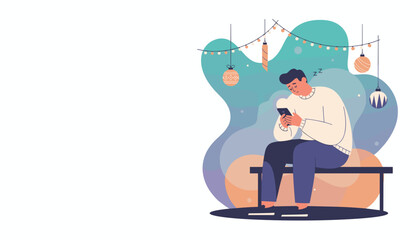 Exhausted man falls asleep using his phone under festive string lights Digital fatigue