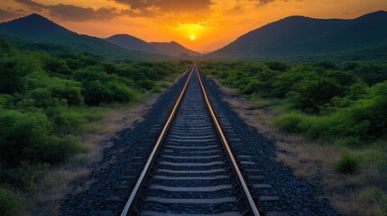 Sunset over railway tracks through lush greenery