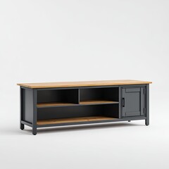 Fototapeta premium Dark gray TV stand with light wood top and storage compartments