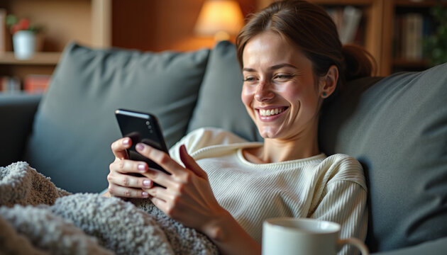 Happy woman relaxing on a couch while using a smartphone and smiling