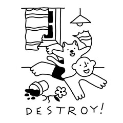 Cat and human gleefully destroying house, minimal doodle art