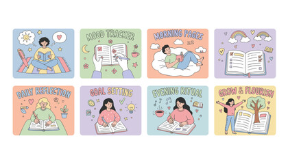 Daily selfcare routine vector set mood tracking goal setting reflection reading and mindful living