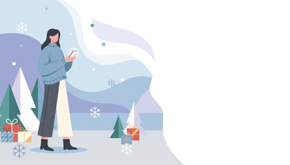 Obraz premium Vector art of a woman using a smartphone in a festive snowy landscape with gifts Seasonal digital commerce