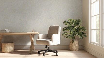 This inviting and professional home office setup features a stylish desk, comfortable chair, and lush plant, ideal for virtual zoom backgrounds.