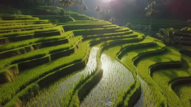 Lush Green Rice Terraces Reflecting Sunlight in a Tropical Landscape.