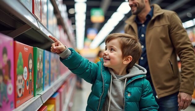 Young boy smiling and pointing at toys on the shelf while shopping with his father