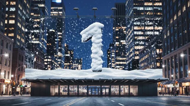 countdown timer new year snow countdown numbers over city skyline, rooftop display shows digits 5 to 1 amid falling snow, illuminated skyscrapers and streetlights glow, final frame reveals fireworks.