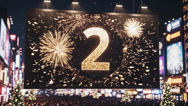 countdown timer new year busy square billboard countdown ignites golden fireworks, dense crowd celebrates under neon signage as event producers coordinate lights and confetti, high energy nightlife.