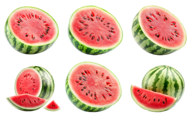 Set of fresh and juicy watermelon and slices isolated on white transparent background