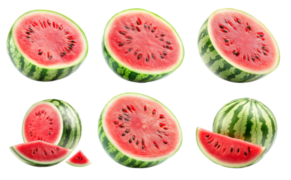 Set of fresh and juicy watermelon and slices isolated on white transparent background